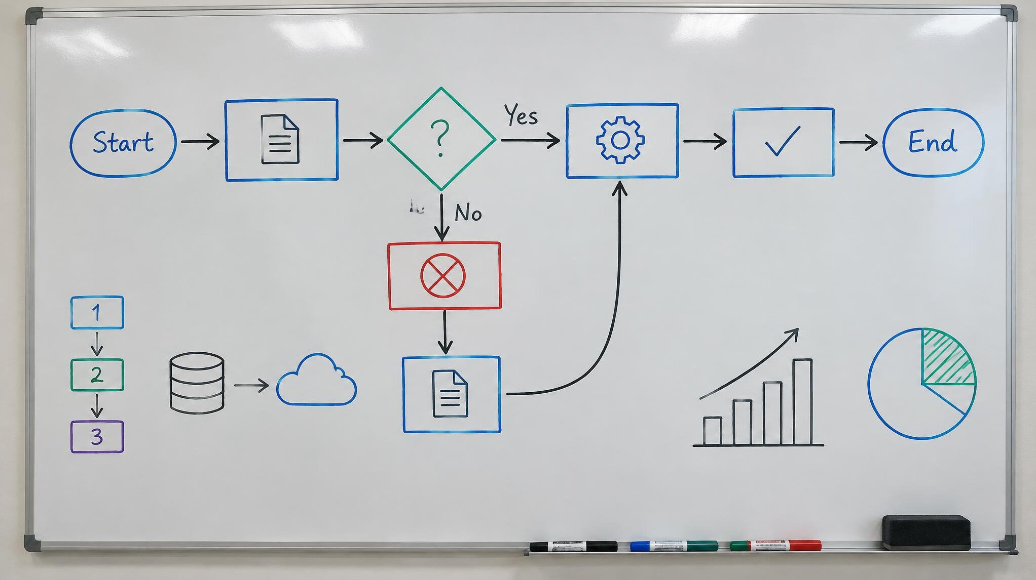 Whiteboard covered with a hand-drawn flowchart and diagrams