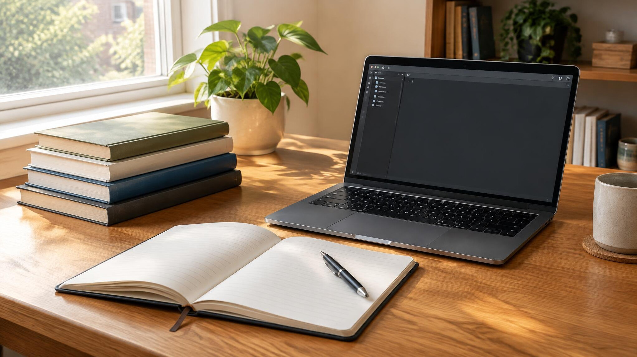 Study desk with stacked books, a notebook and an open laptop