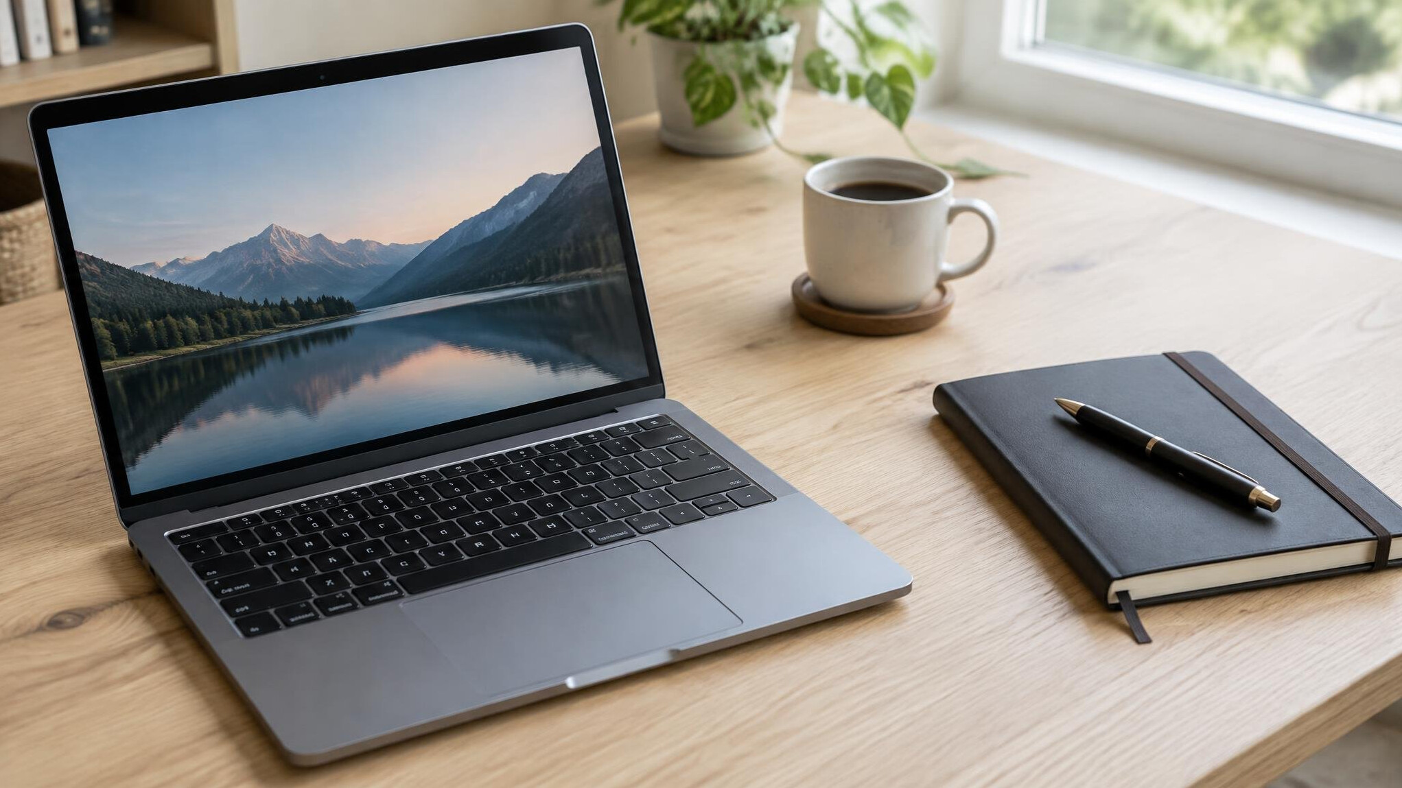 Open laptop and notebook resting on a wooden desk