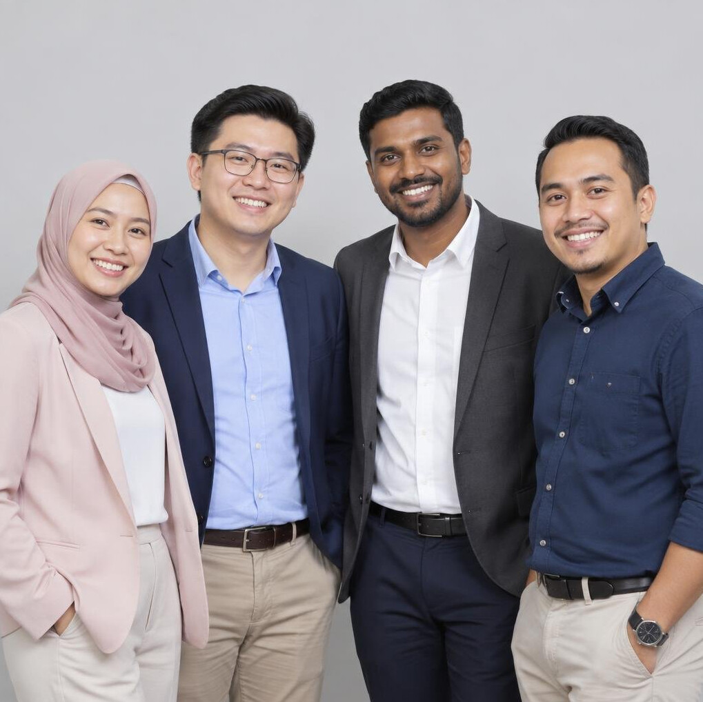Group of four diverse Malaysian professionals smiling together