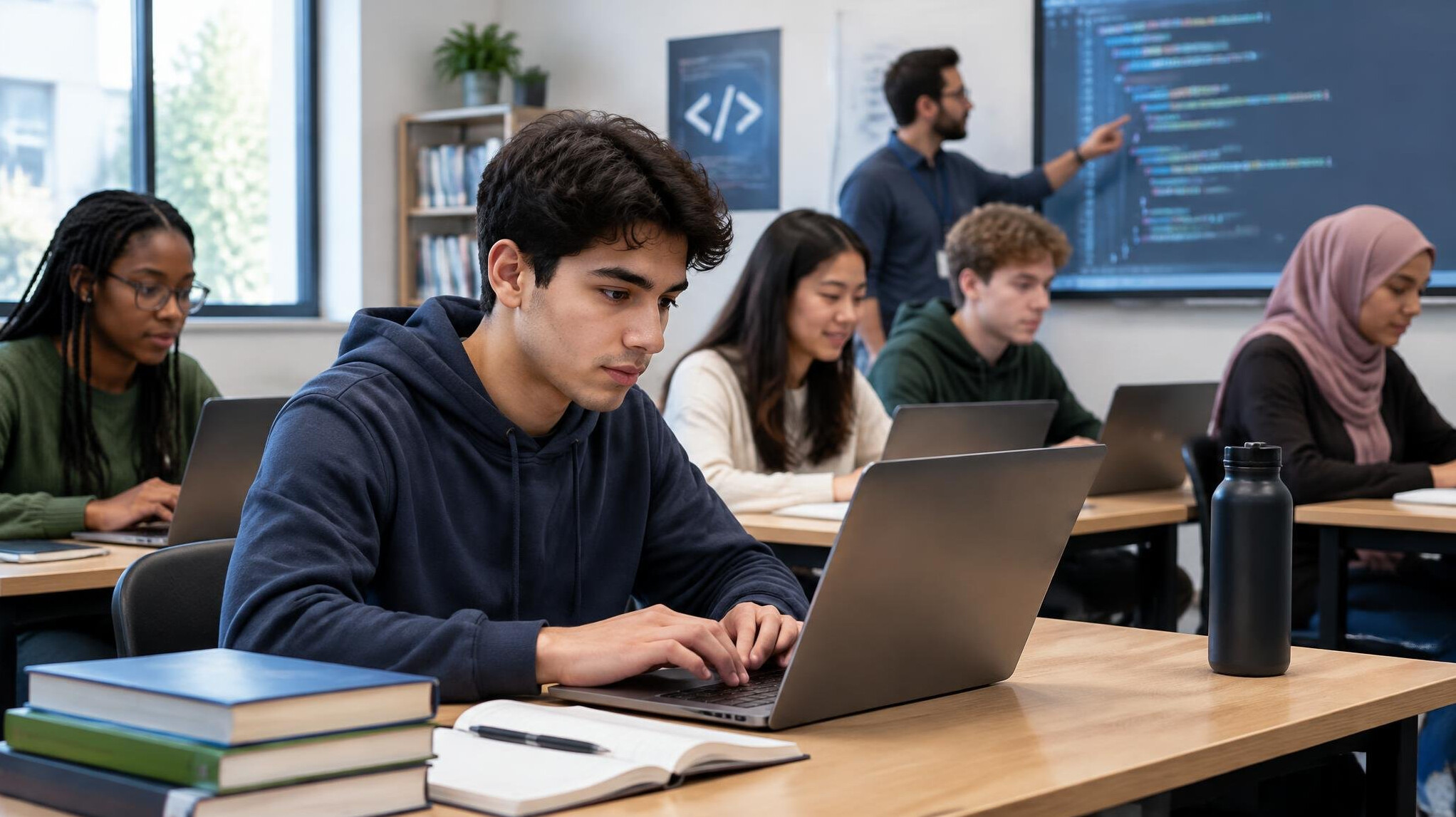 student attending english programming class
