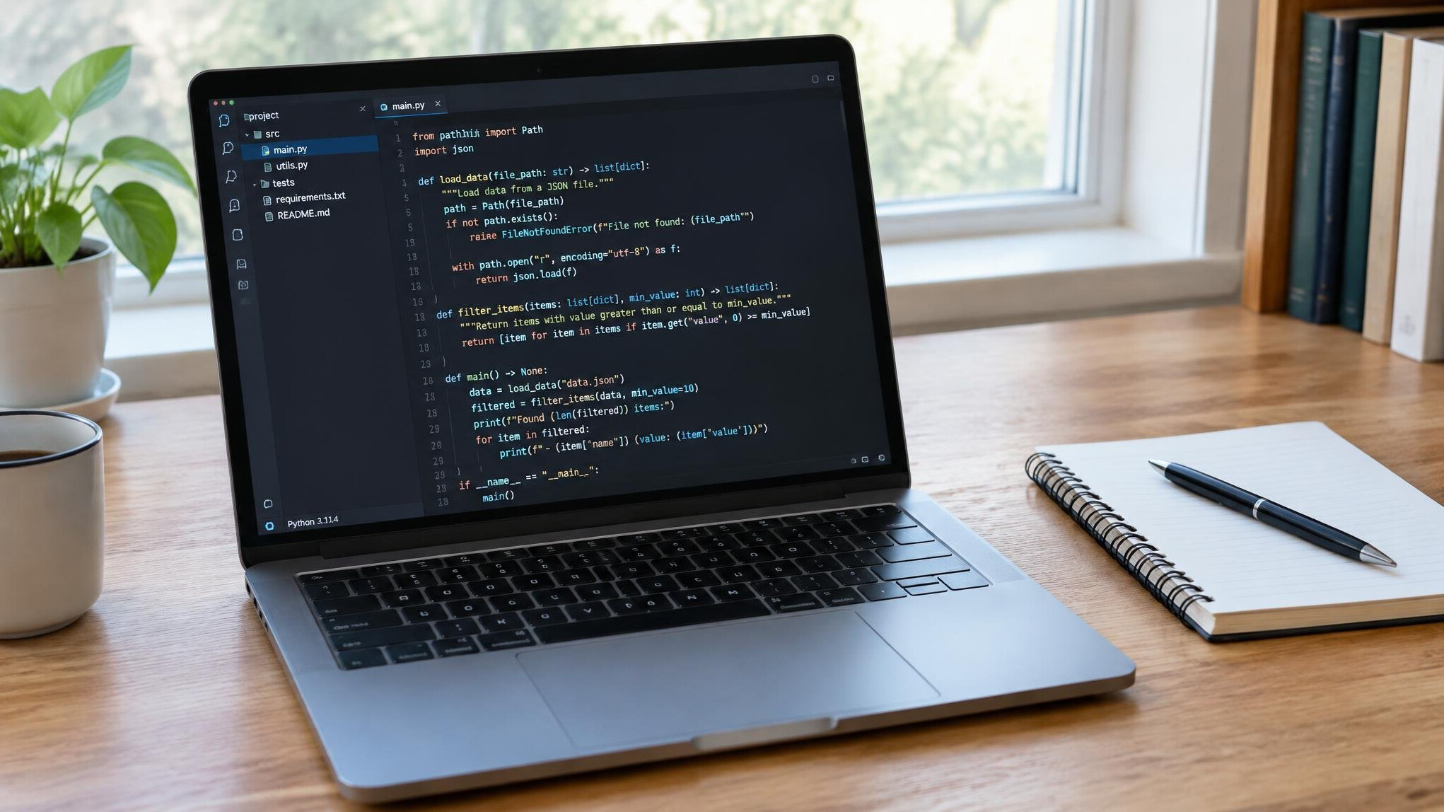 Laptop with programming code opened on a wooden desk