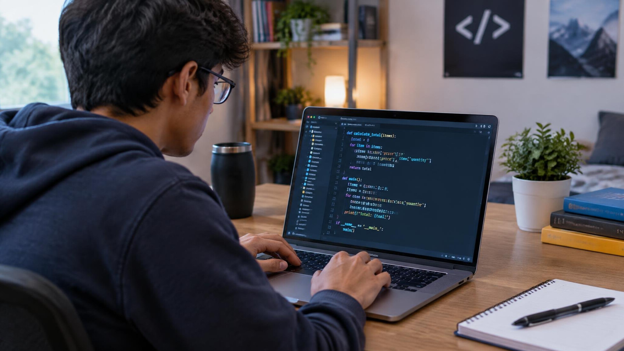 student studying coding on laptop