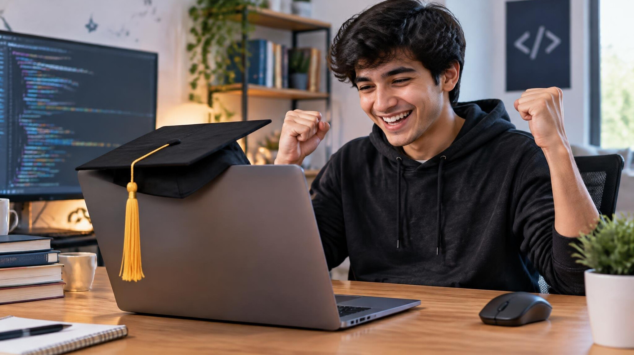 graduation cap on laptop