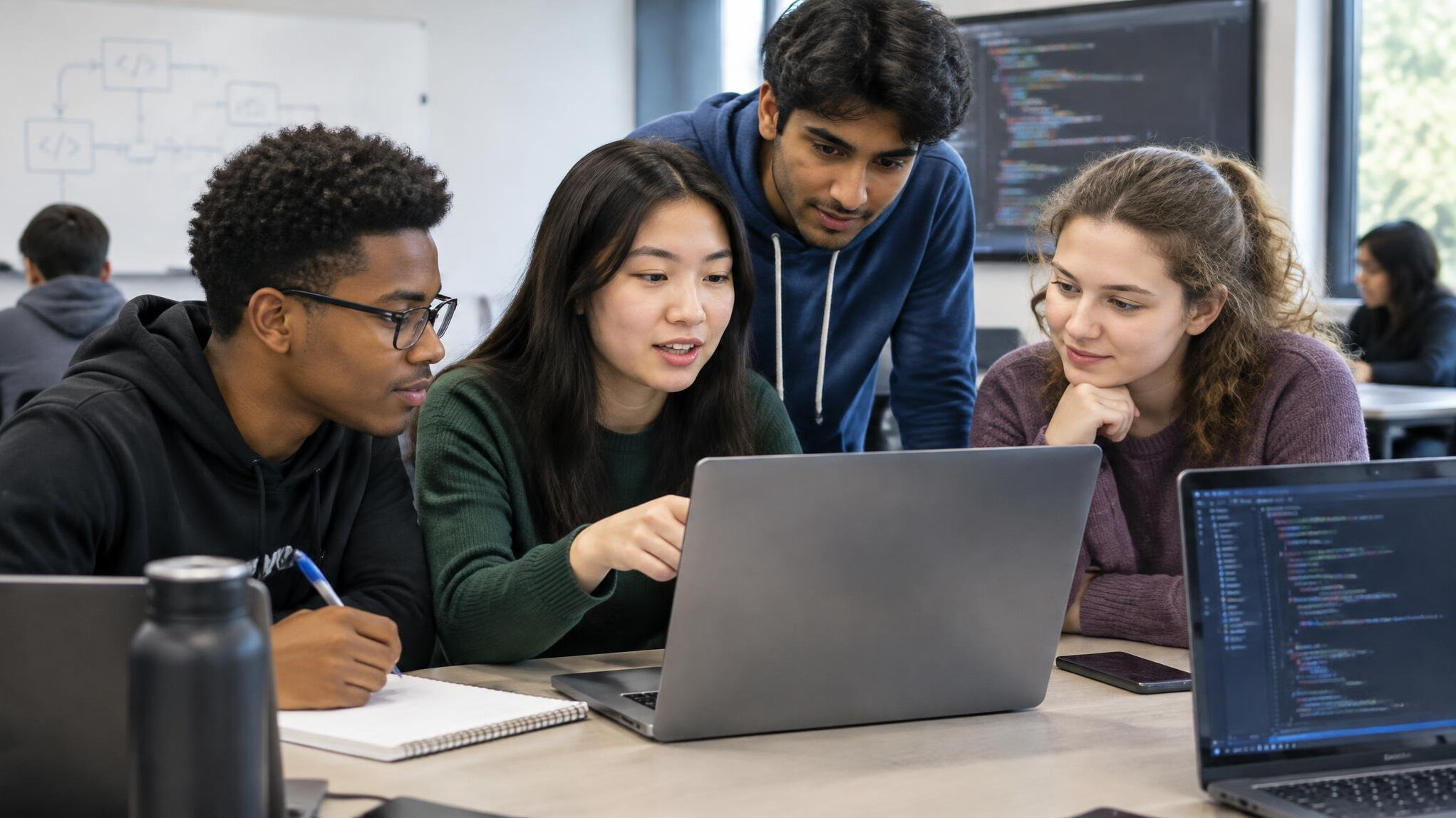 group of diverse students coding together