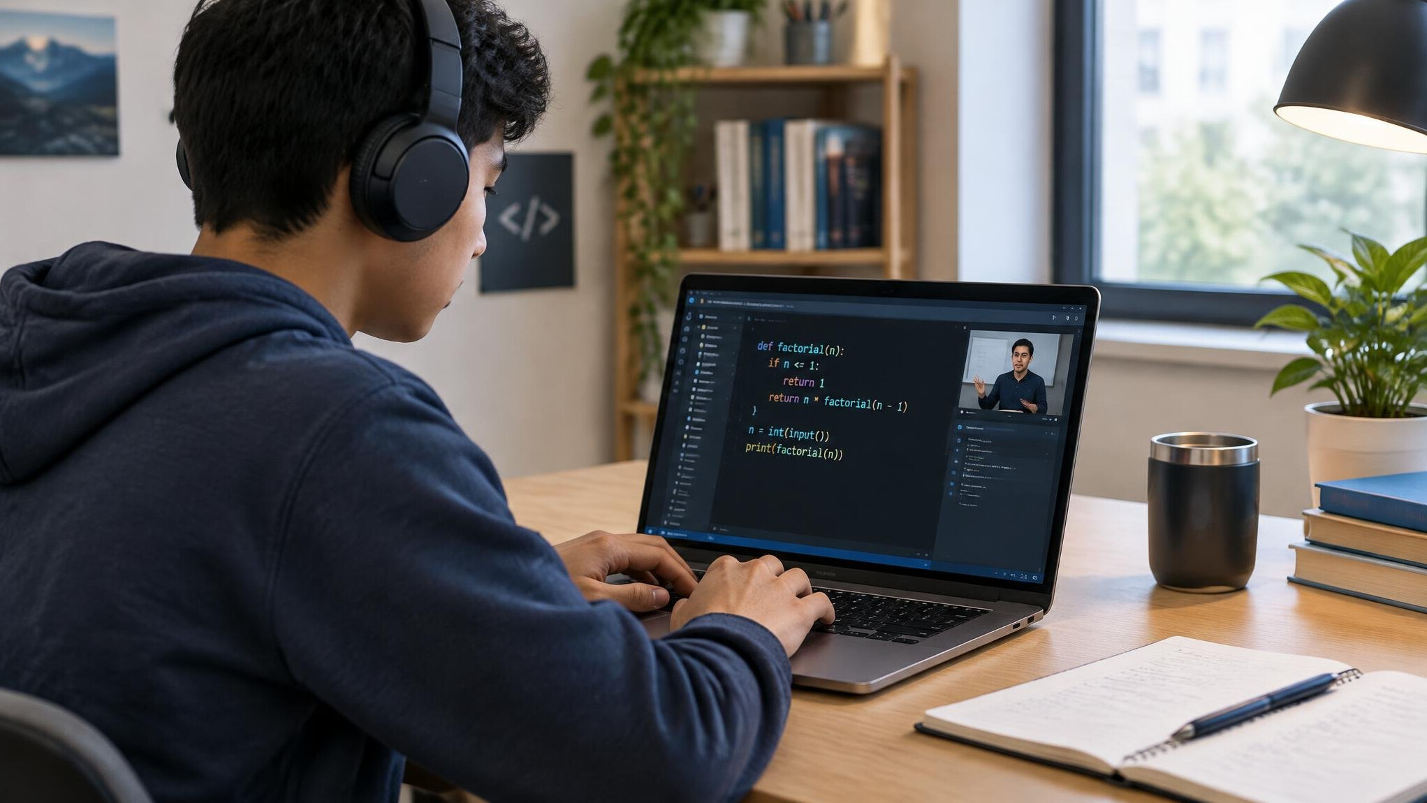 student writing code at desk