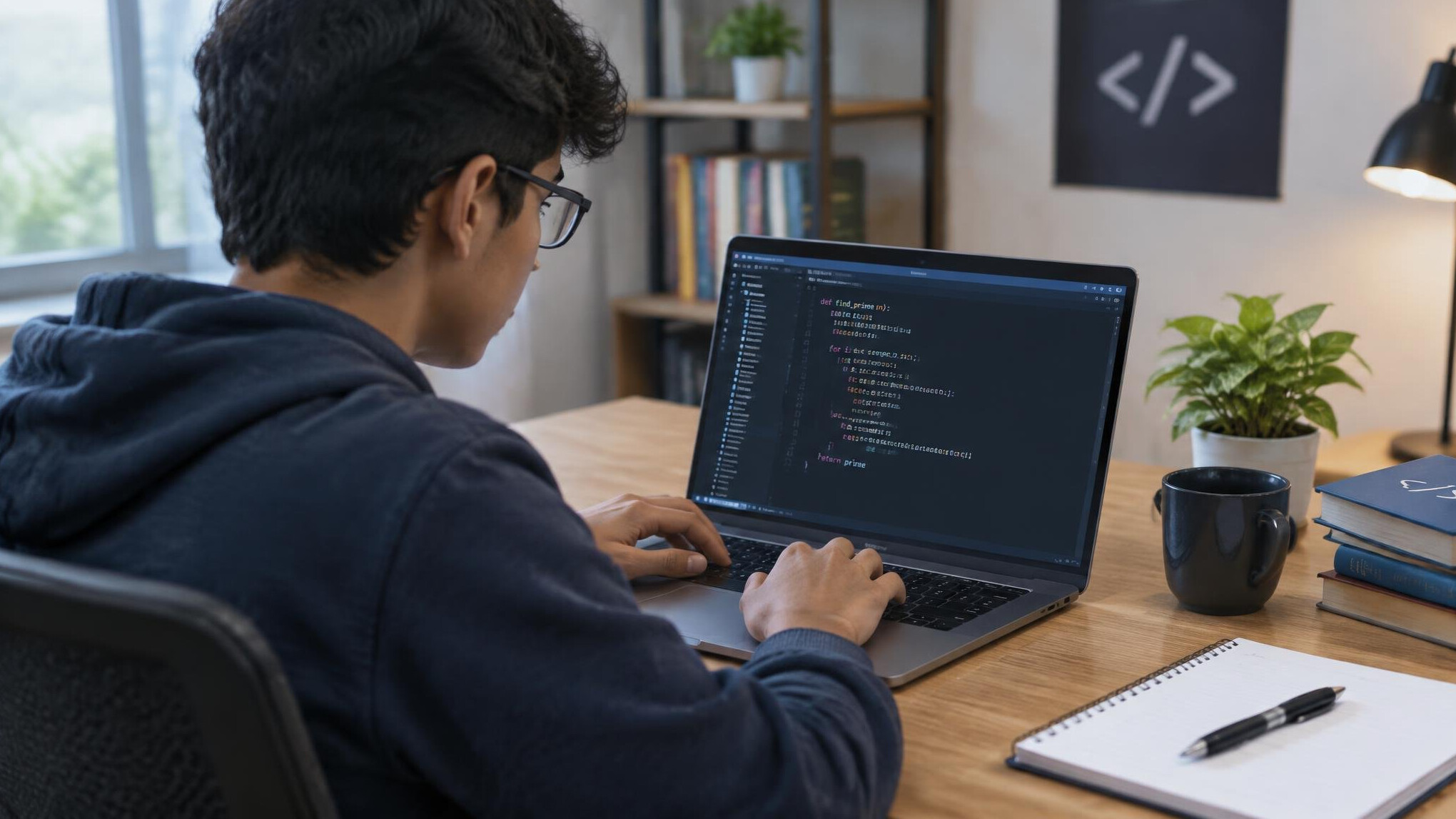 student studying coding on laptop