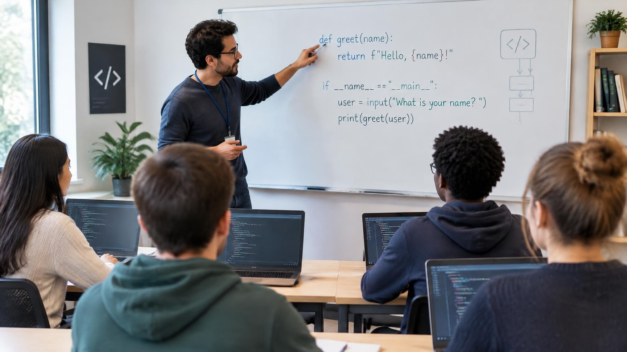 teacher explaining code on whiteboard