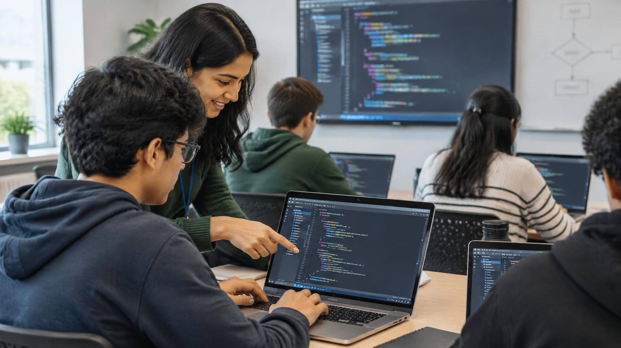 students learning coding in classroom