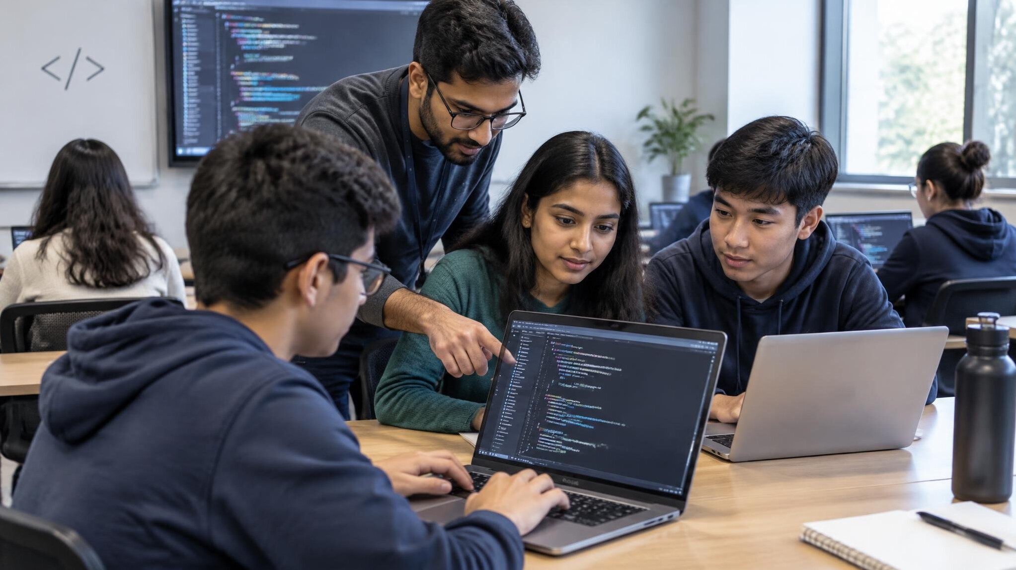 students learning coding in classroom